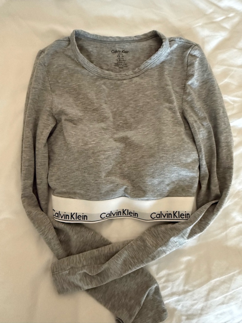 Calvin Klein Light Gray Cropped Long Sleeve Top with Logo Band